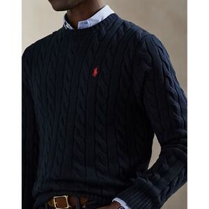 Polo Ralph Lauren Crew Sweater Men XL Navy Cable Knit Cotton Red Pony $168